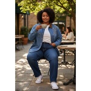 Vintage Capacity Woman Plus Size  2X Denim Button Down Shirt Floral Embroidered